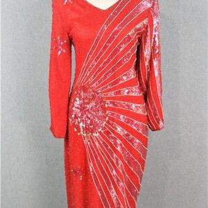 1980s Red / Pink Sunburst Sequin Glamour Dress